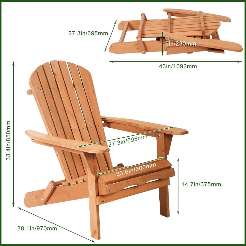 Adirondack Chair,Folding Wooden Lounger Chair，All-Weather Chair for Fire Pit/Garden/Fish with 250lbs Duty Rating，Natural