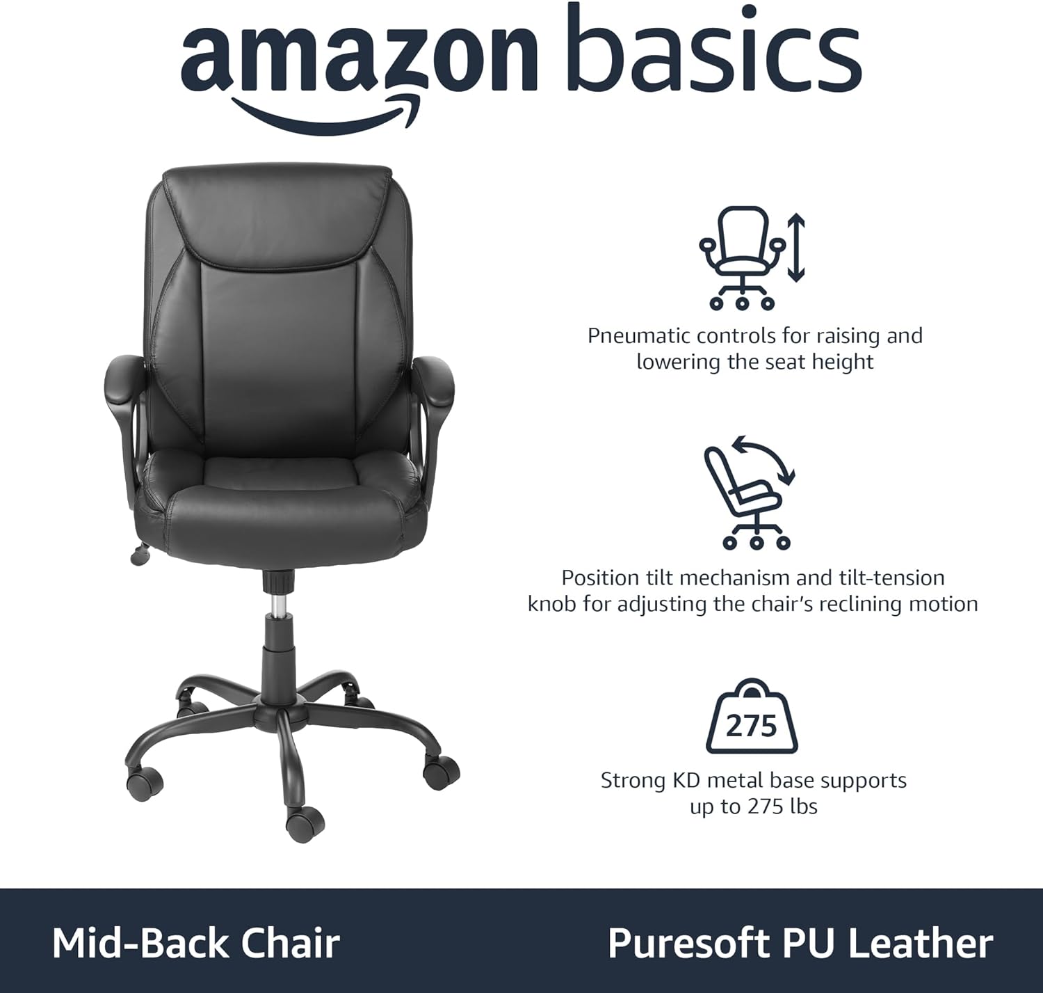 Amazon Basics Classic Puresoft PU Padded Mid-Back Office Computer Desk Chair with Armrest, 26D x 23.75W x 42H, Black