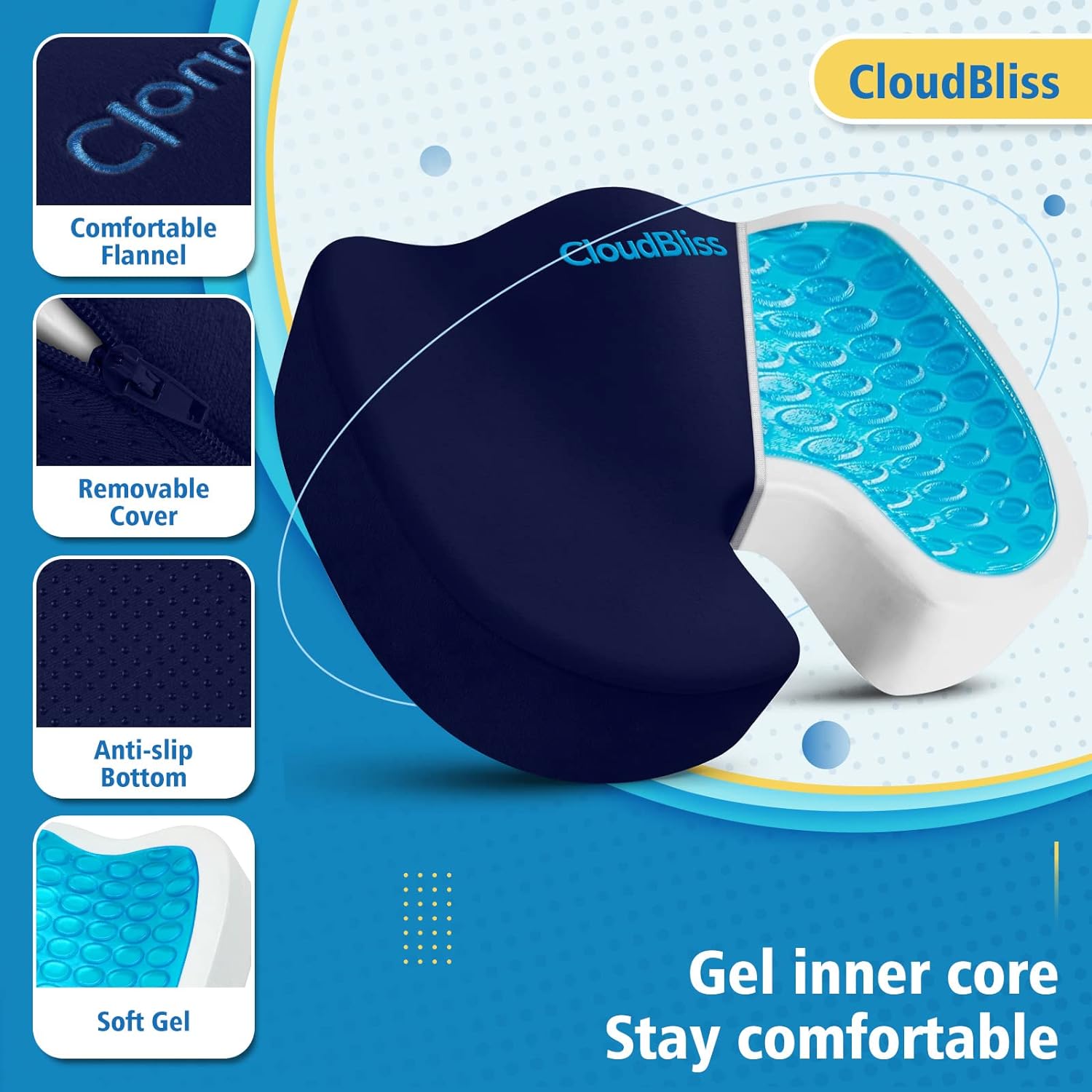 CloudBliss Gel Seat Cushion - Non-Slip Ergonomic Gel  Memory Foam - Coccyx,Tailbone,Sciatica  Back Pain Relief - Office Chairs,Car Seat,Wheelchair Cushion(Black)