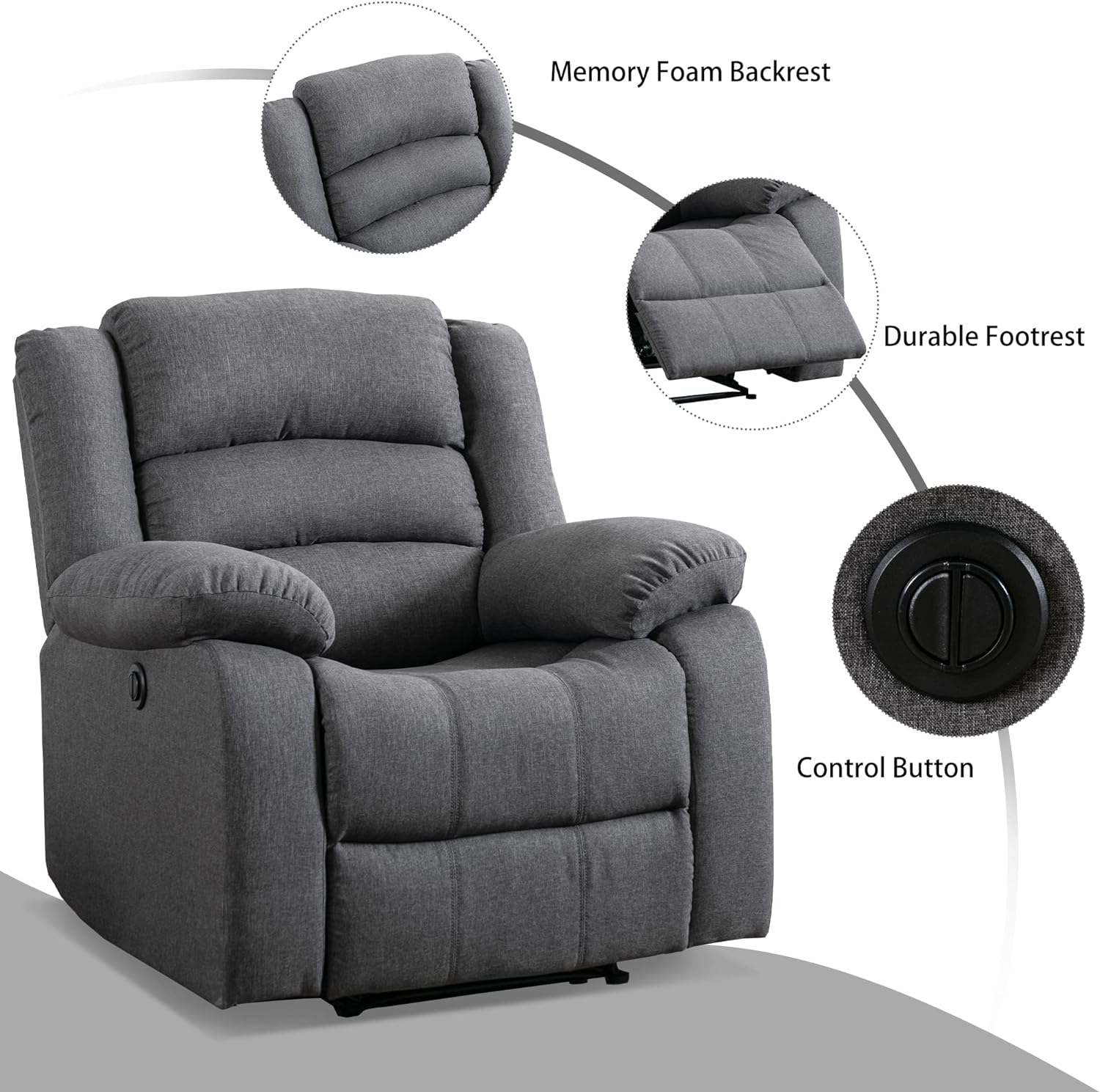 EBELLO Classic Power Recliner Chair, Oversized Electric Overstuffed Chair with Soft Cushion and Back, Sofa with Comfortable Armchair, Gray