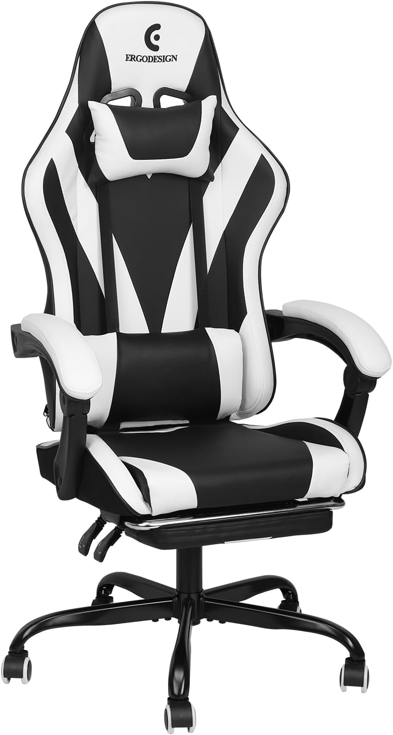 ErgoDesign Gaming Chair with Linkage Armrest  Footrest, High Back Video Gaming Chair, Black/White