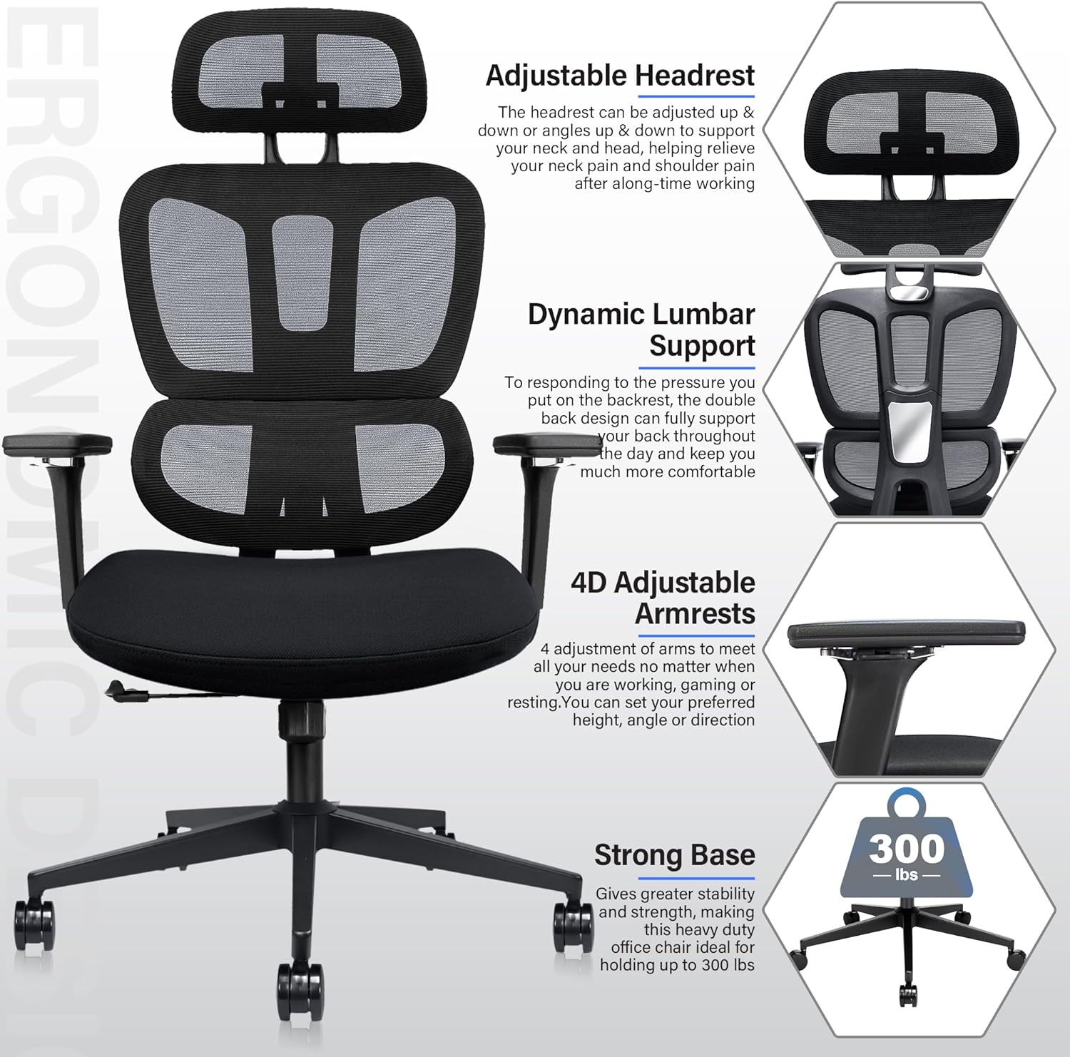 Ergonomic Mesh Office Chair with Retractable Footrest - High Back Computer Chair, Lumbar Support, 4D Adjustable Armrest and Headrest, Durable Base - Multifunctional Home Office Desk Chair for Adults