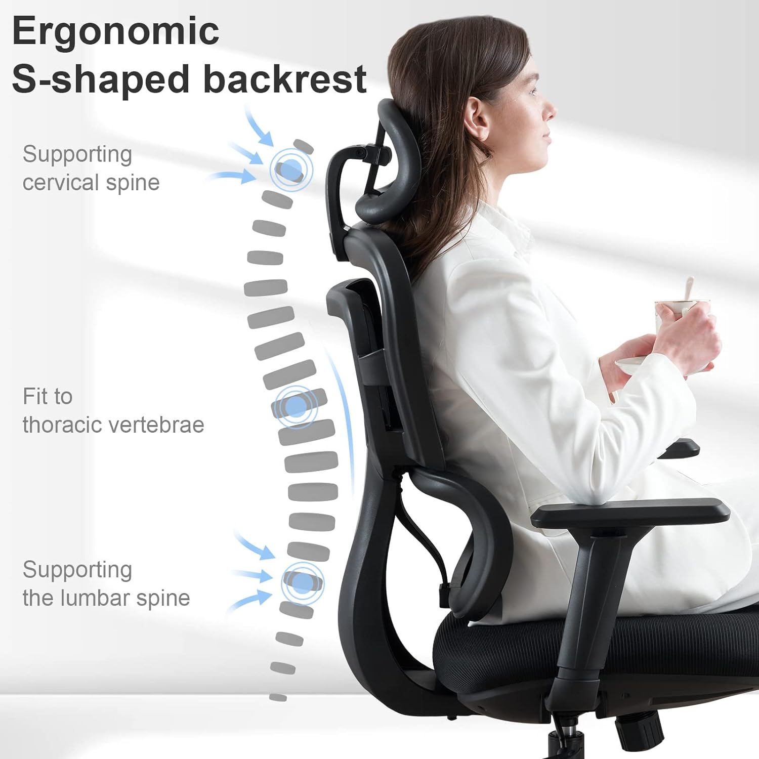 Ergonomic Office Chair - Mesh Office Chair High Back, Rolling Desk Chair, Executive Swivel Chair, Computer Chair with 3D Adjustable Armrest, 3D Lumbar Support, Blade Wheels, Adjustable Headrest