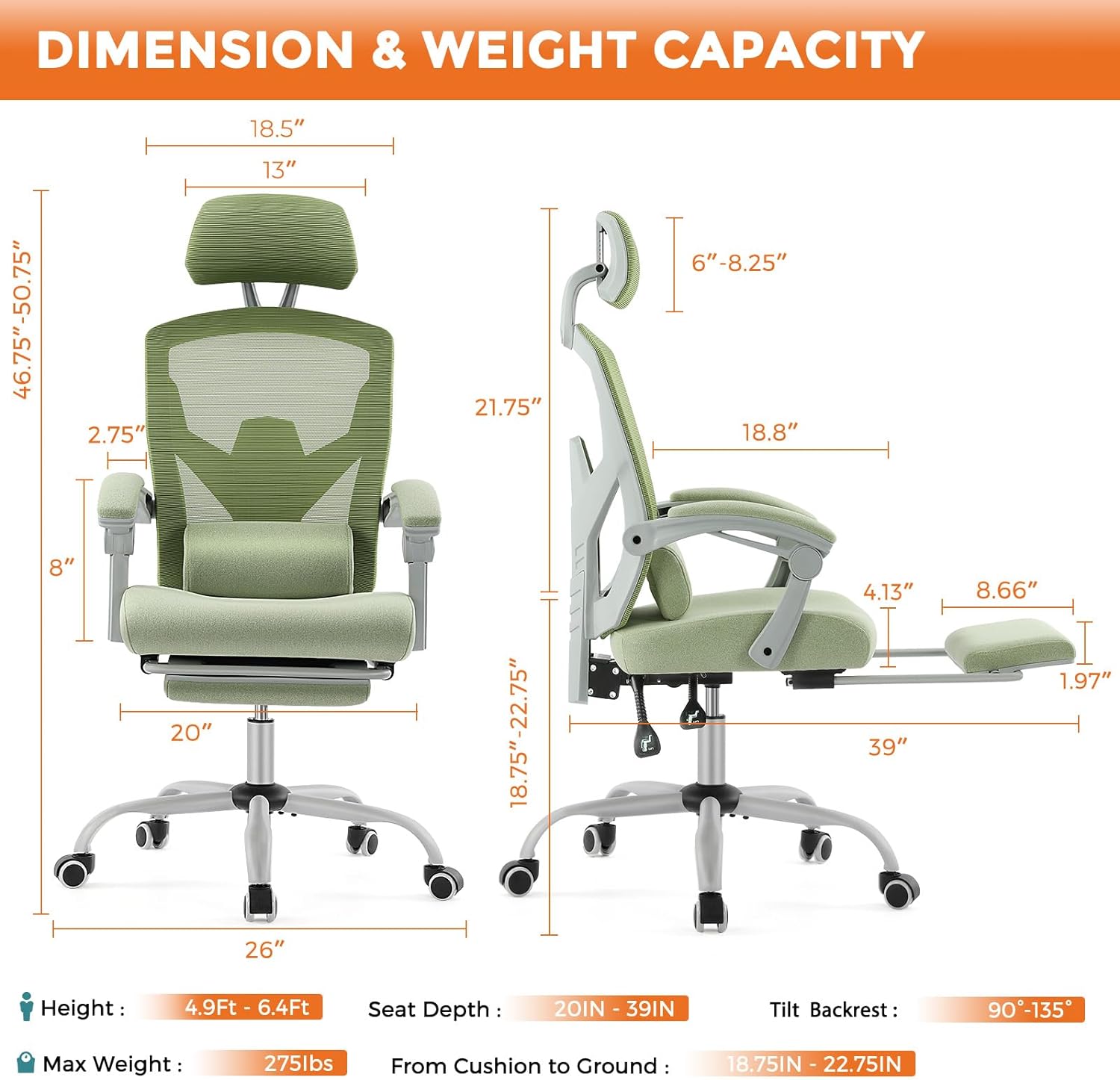 Ergonomic Office Chair, Reclining Office Chair Desk Chair with Foot Rest, High Back Computer Chair Mesh Home Office Desk Chairs with Wheels