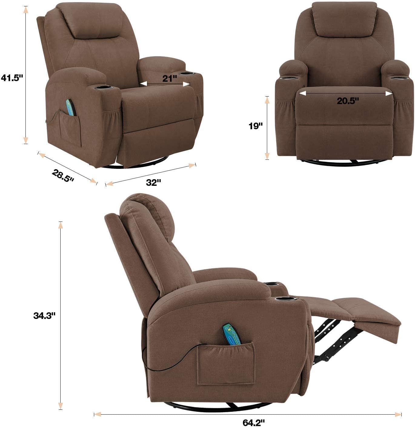 Flamaker Rocking Chair Recliner Chair with Massage and Heating Swivel Ergonomic Lounge Chair Classic Single Sofa with 2 Cup Holders Side Pockets Living Room Chair Home Theater Seat (Brown)