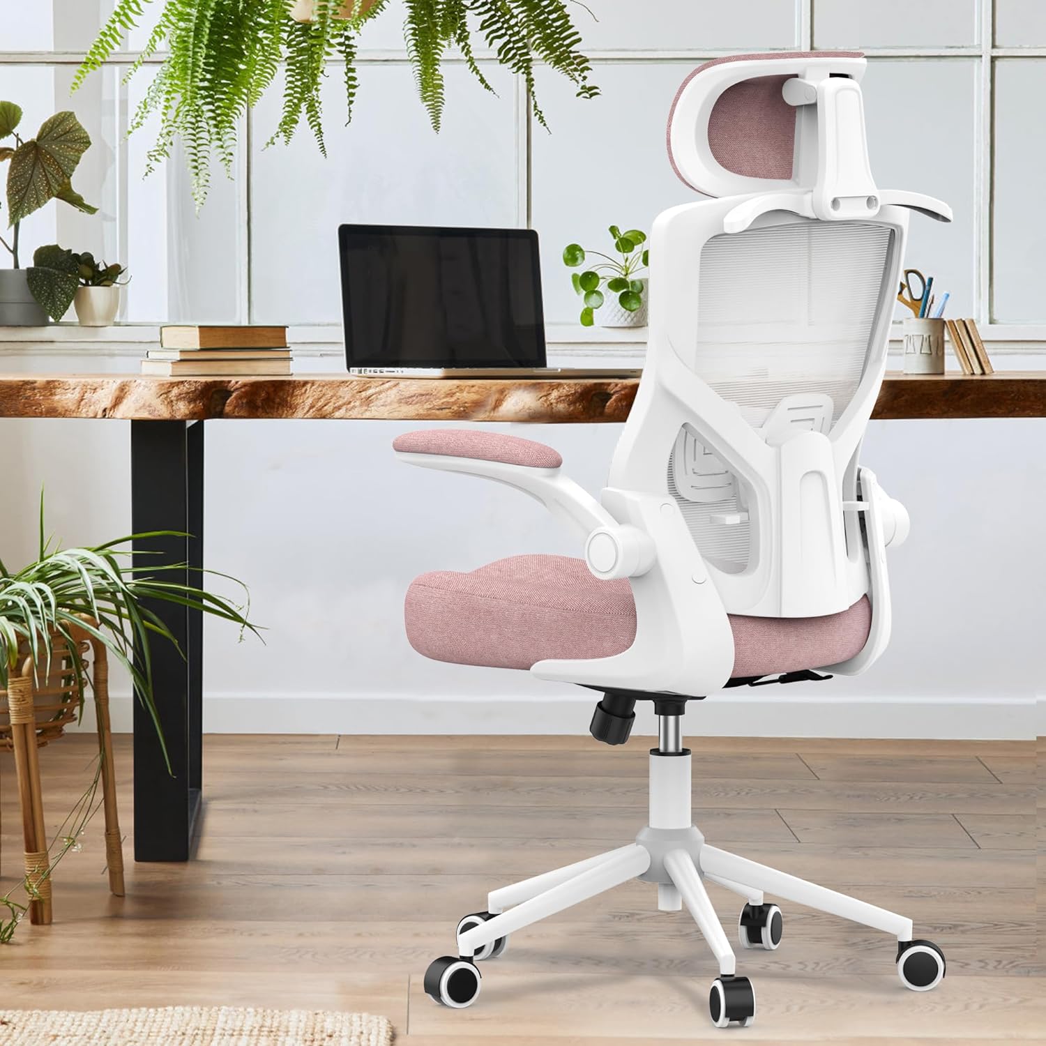 FOKESUN Ergonomic Office Chair, High Back Executive Desk Chairs with Coat Hanger  Lumbar Support, Adjustable Headrest, Task Computer Chair with Tilt Lock Function (Pink)