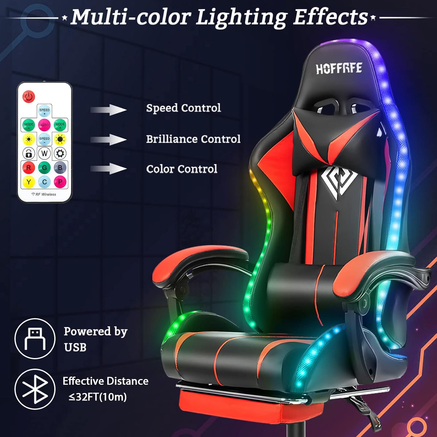 Gaming Chair Massage with LED RGB Lights and Footrest Ergonomic Computer Gaming Chair with High Back Video Game Chair with Adjustable Lumbar Support Red and Black