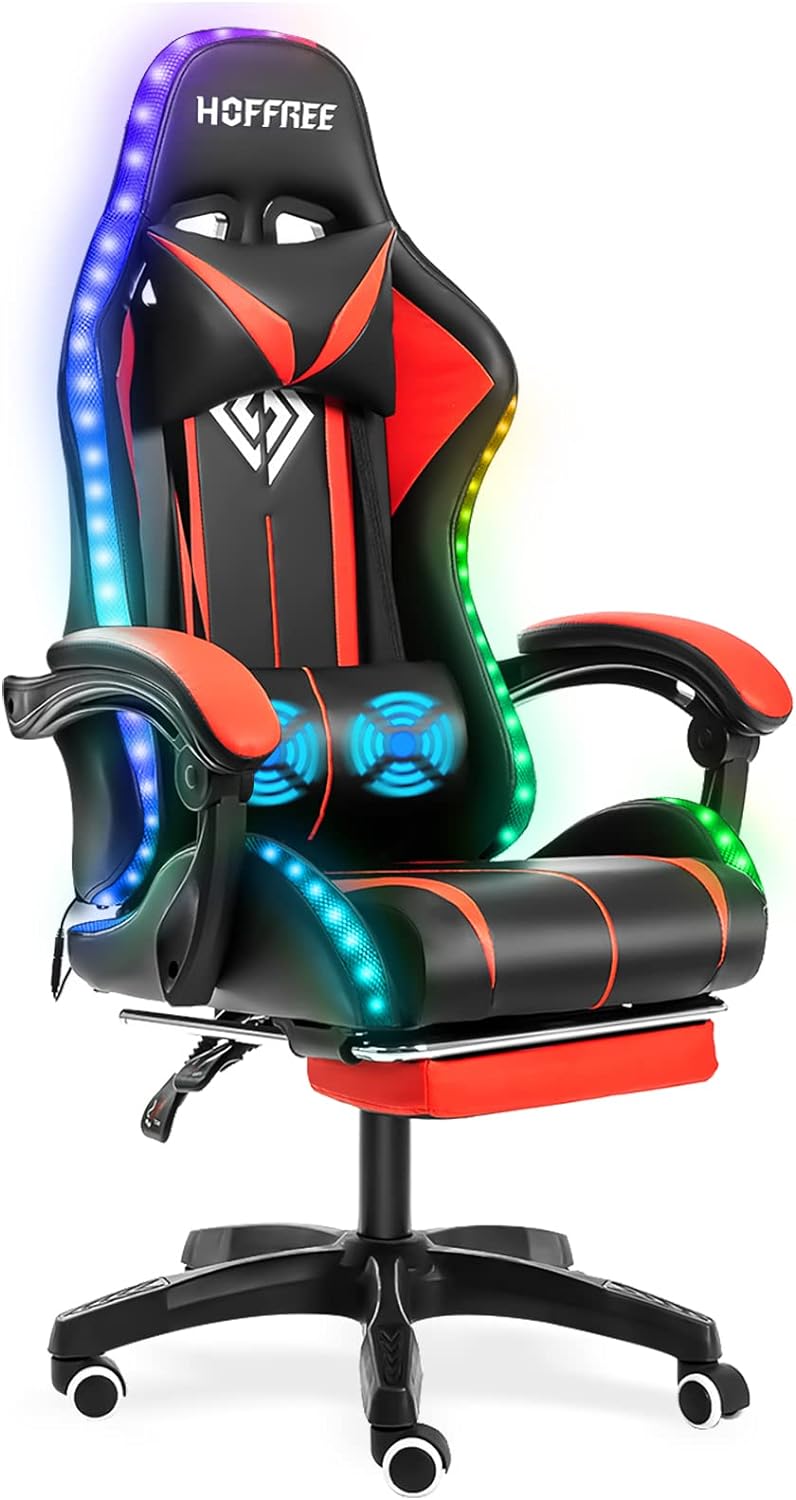 Gaming Chair Massage with LED RGB Lights and Footrest Ergonomic Computer Gaming Chair with High Back Video Game Chair with Adjustable Lumbar Support Red and Black