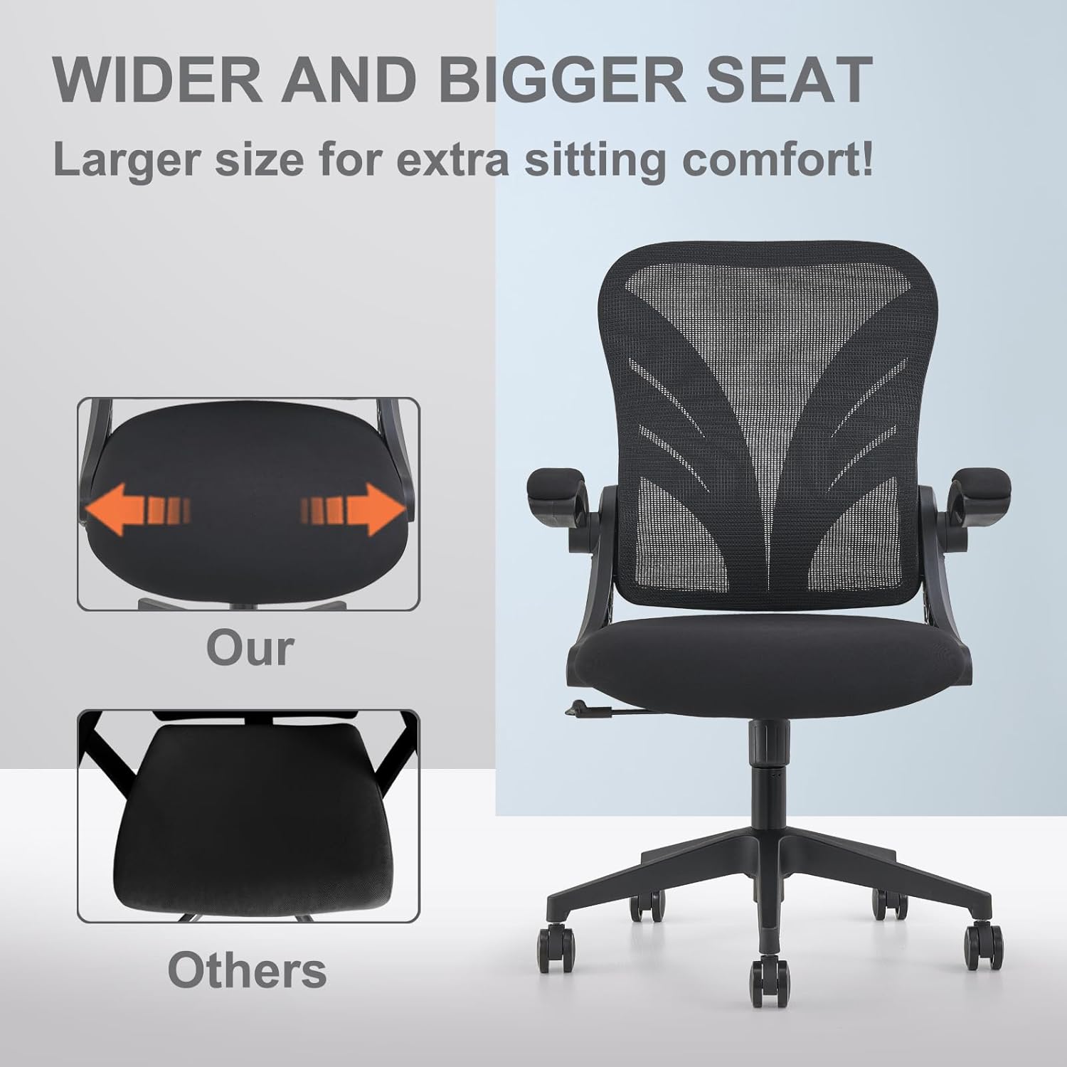 HOLLUDLE Ergonomic Office Chair with Foldable Backrest, Computer Desk Chair with Flip-up Armrests, Mesh Lumbar Support and Tilt Function Big and Tall Office Chair, Black