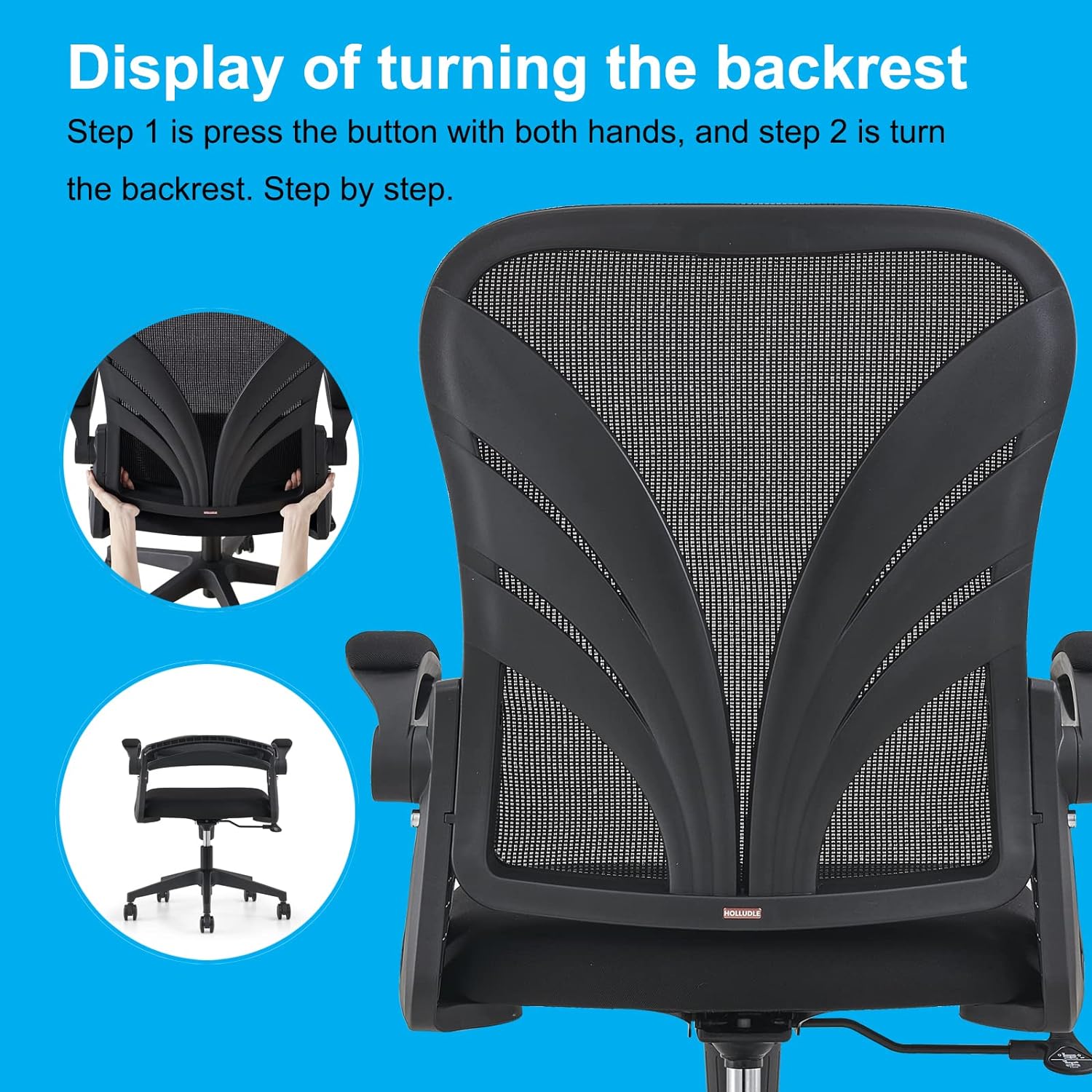 HOLLUDLE Ergonomic Office Chair with Foldable Backrest, Computer Desk Chair with Flip-up Armrests, Mesh Lumbar Support and Tilt Function Big and Tall Office Chair, Black