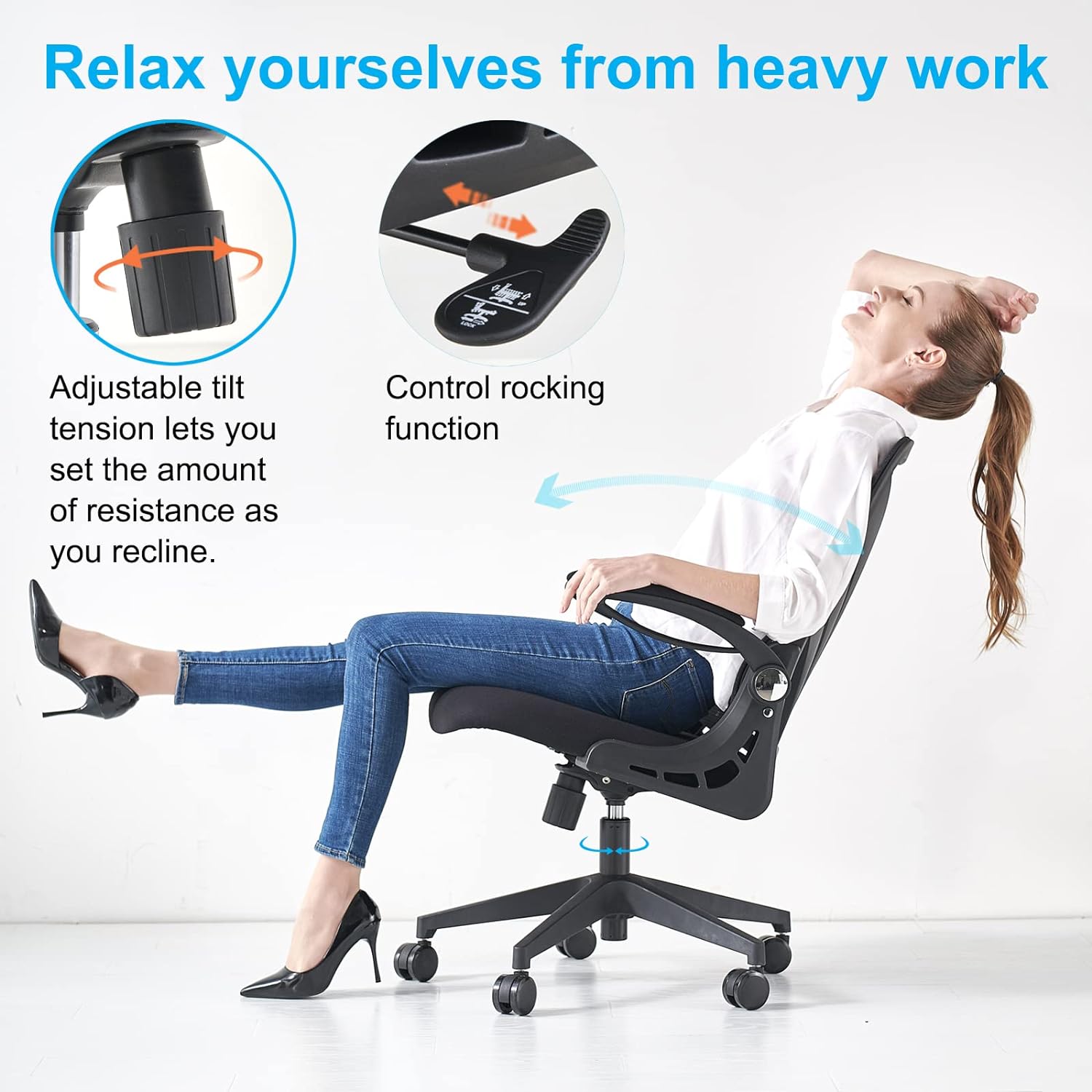 HOLLUDLE Ergonomic Office Chair with Foldable Backrest, Computer Desk Chair with Flip-up Armrests, Mesh Lumbar Support and Tilt Function Big and Tall Office Chair, Black