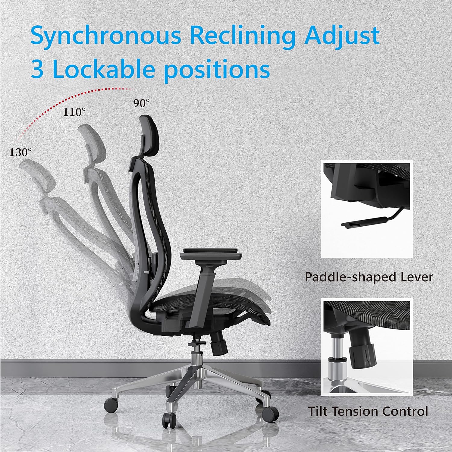 Logicfox Ergonomic Mesh Office Chair, Computer Desk Chair with 3D Armrests, Adjustable Lumbar Cushion  Adjustable Headrest, High Back Home Desk Chair with Tilt Function, Mesh Backrest  Seat