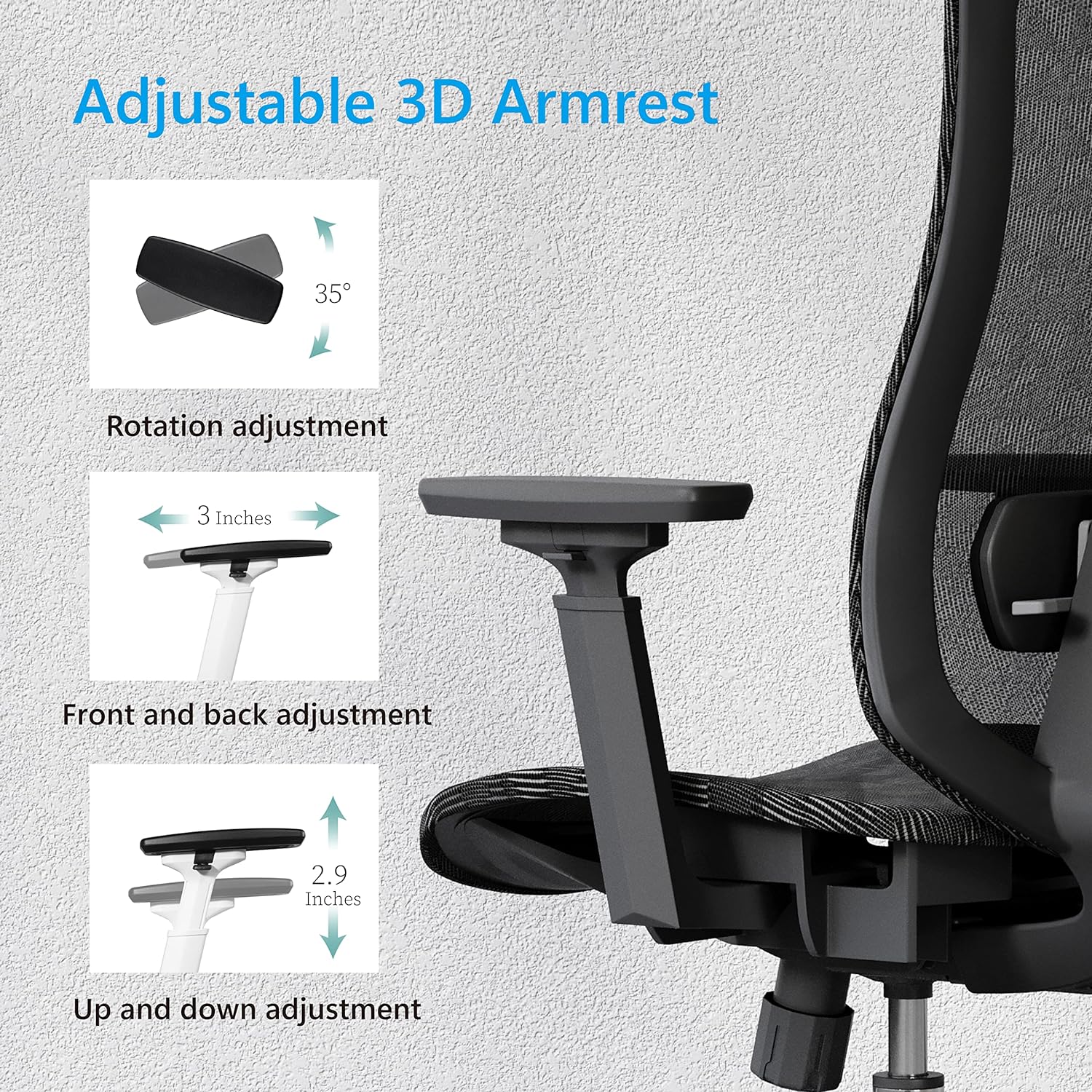 Logicfox Ergonomic Mesh Office Chair, Computer Desk Chair with 3D Armrests, Adjustable Lumbar Cushion  Adjustable Headrest, High Back Home Desk Chair with Tilt Function, Mesh Backrest  Seat