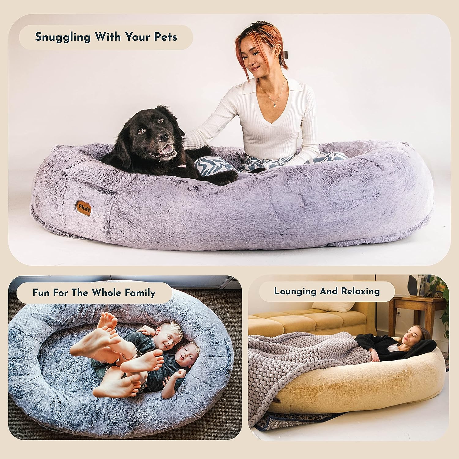 Plufl, The Original Human Dog Bed for Adults, Kids, and Pets. As Seen on Shark Tank. Comfy Plush Large Bean Bag with Memory Foam, Machine Washable, and Durable. Perfect nap and Floor Bed - Light Gray