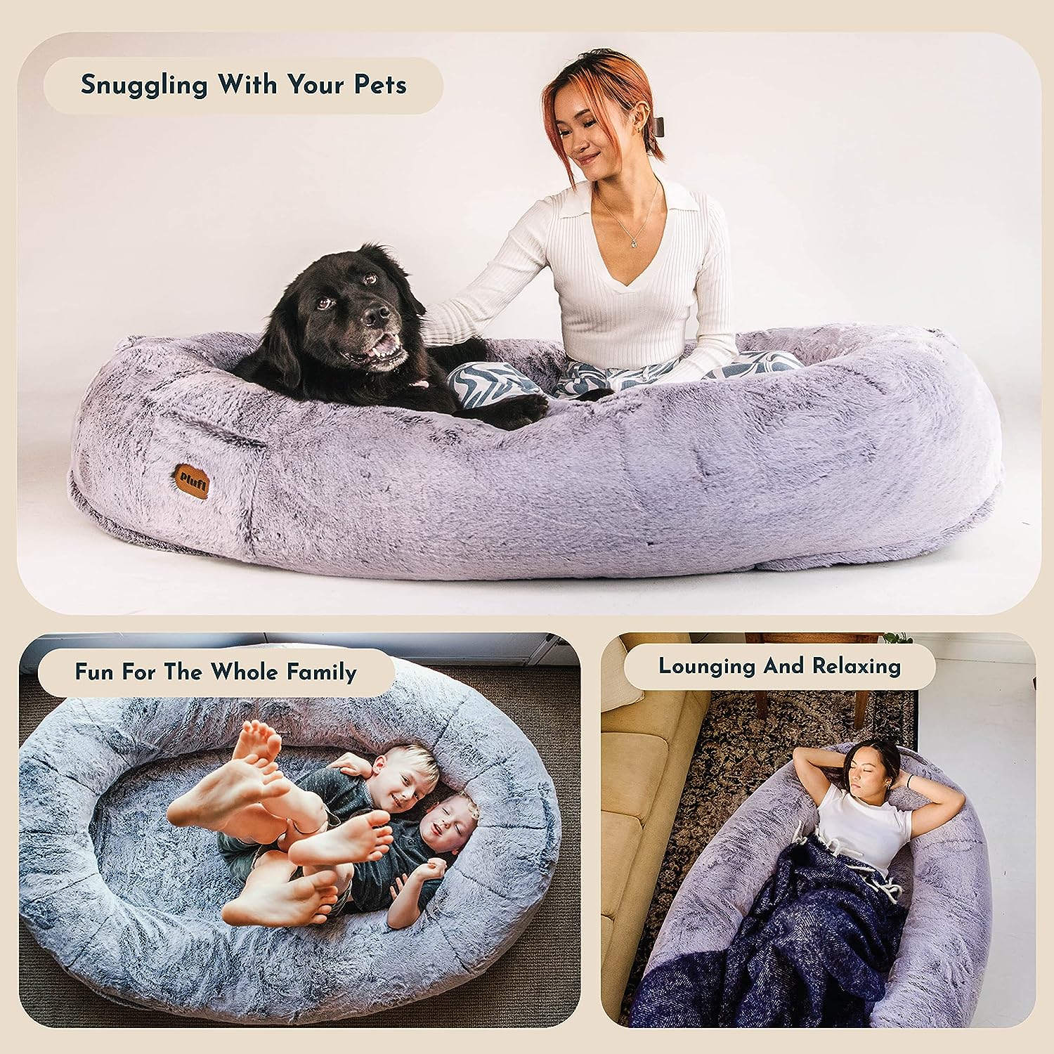 Plufl, The Original Human Dog Bed for Adults, Kids, and Pets. As Seen on Shark Tank. Comfy Plush Large Bean Bag with Memory Foam, Machine Washable, and Durable. Perfect nap and Floor Bed - Light Gray