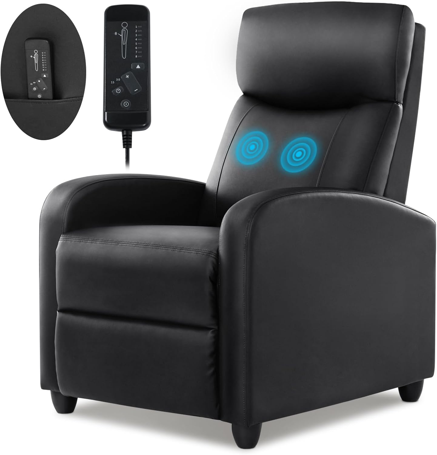 Recliner Chair for Living Room, PU Leather Massage Recliner Chair Winback Single Sofa Home Theater Chairs Adjustable Modern Reclining Chair with Padded Seat Backrest for Adults (Black)