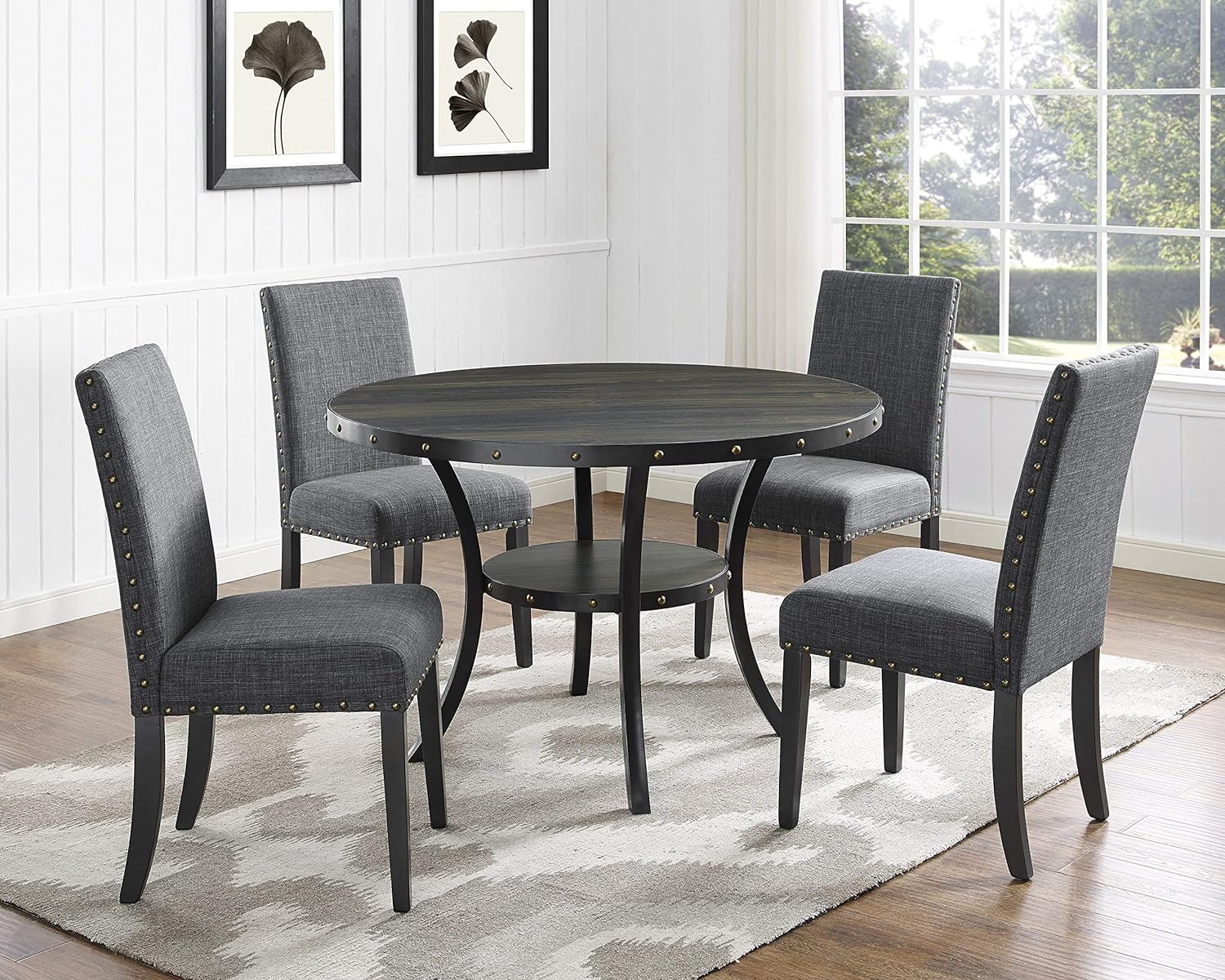 Roundhill Furniture Biony Gray Fabric Dining Chairs with Nailhead Trim, Pack of 2