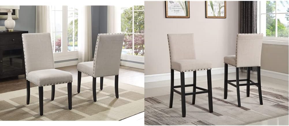 Roundhill Furniture Biony Gray Fabric Dining Chairs with Nailhead Trim, Pack of 2