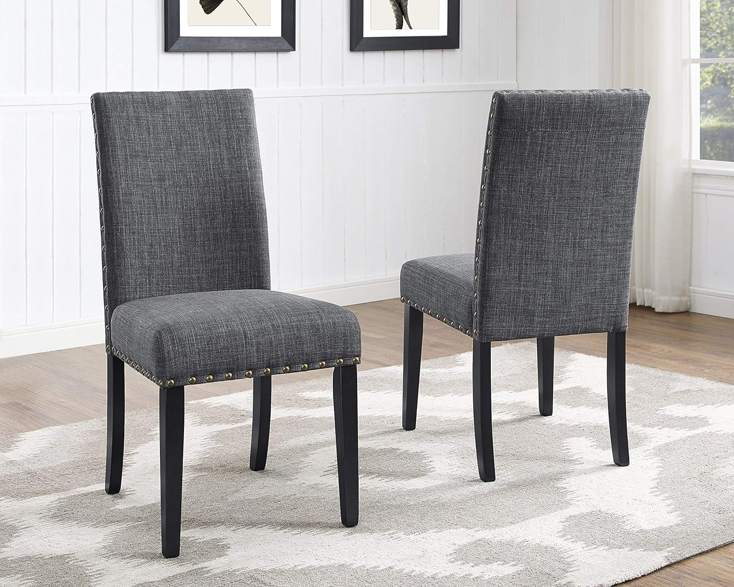 Roundhill Furniture Biony Gray Fabric Dining Chairs with Nailhead Trim, Pack of 2