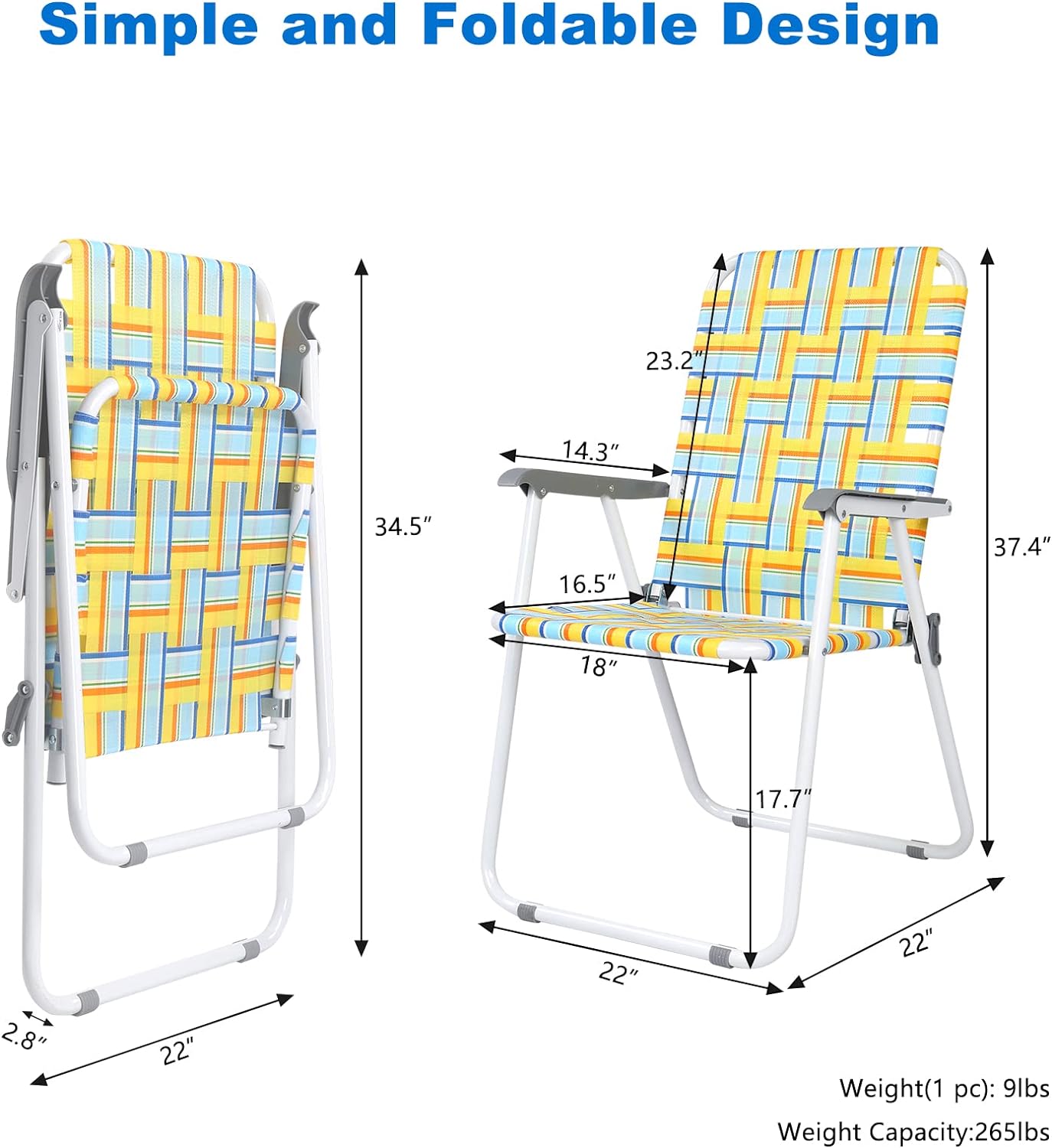 VINGLI Patio Lawn Webbed Folding Chairs Set of 2, Outdoor Beach Portable Camping Chair for Yard, Garden (Yellow, Classic)