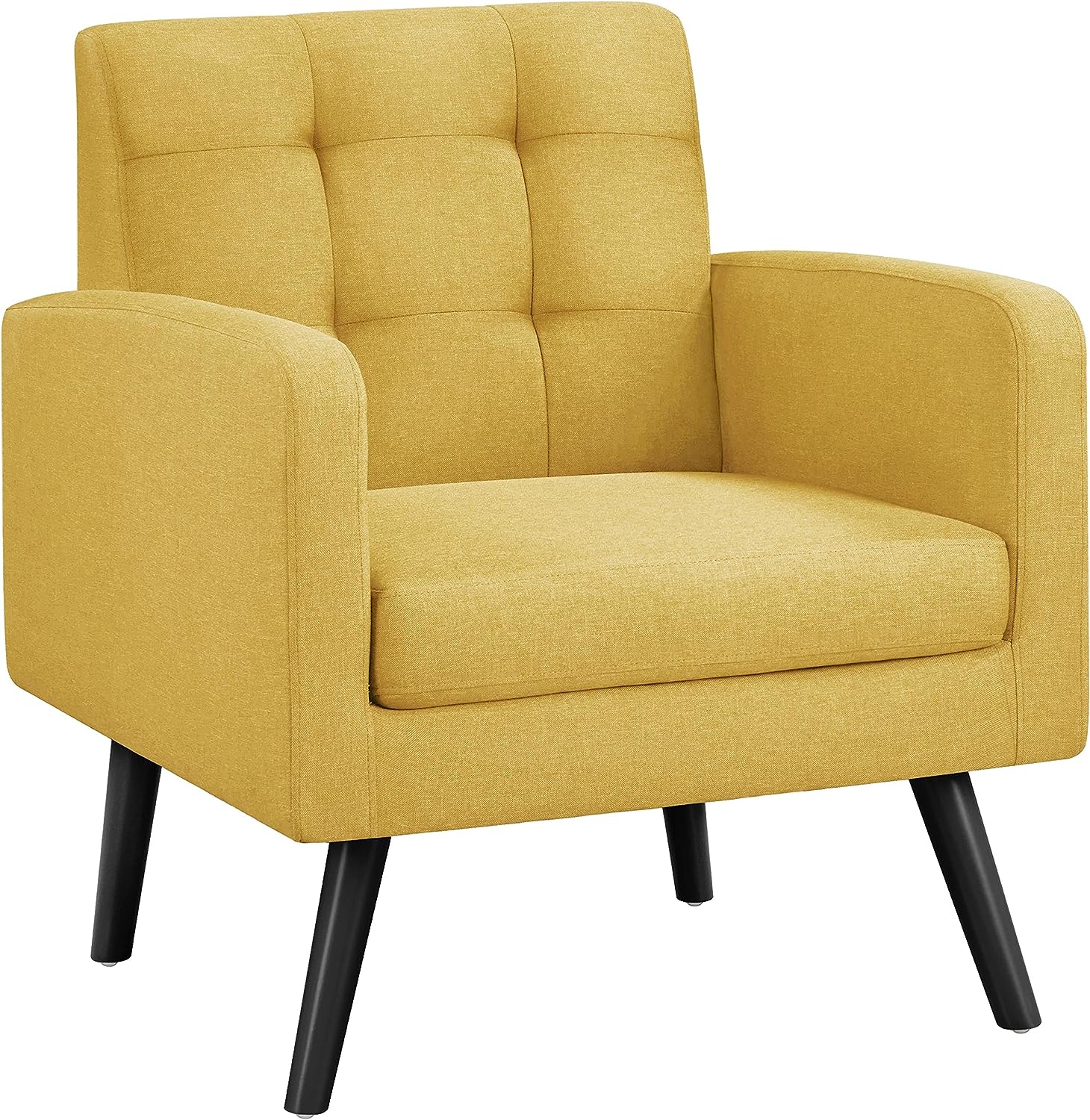 Yaheetech Mid-Century Accent Chairs, Modern Upholstered Living Room Chair, Cozy Armchair Button Tufted Back and Wood Legs for Bedroom/Office/Cafe, Yellow