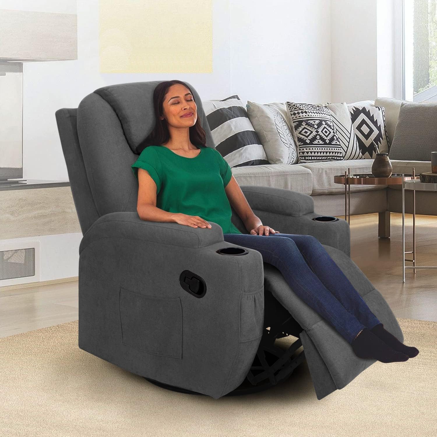 YESHOMY Swivel Rocker Recliner with Massage and Heating Functions, Sofa Chair with Remote Control and Two Cup Holders, Suitable for Living Room, Soft Cotton Fabric, Gray