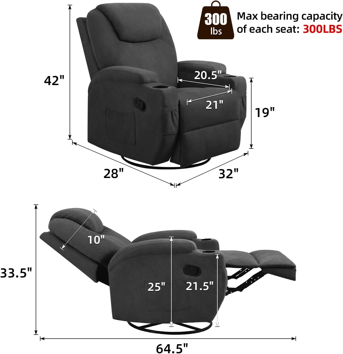 YESHOMY Swivel Rocker Recliner with Massage and Heating Functions, Sofa Chair with Remote Control and Two Cup Holders, Suitable for Living Room, Soft Cotton Fabric, Gray