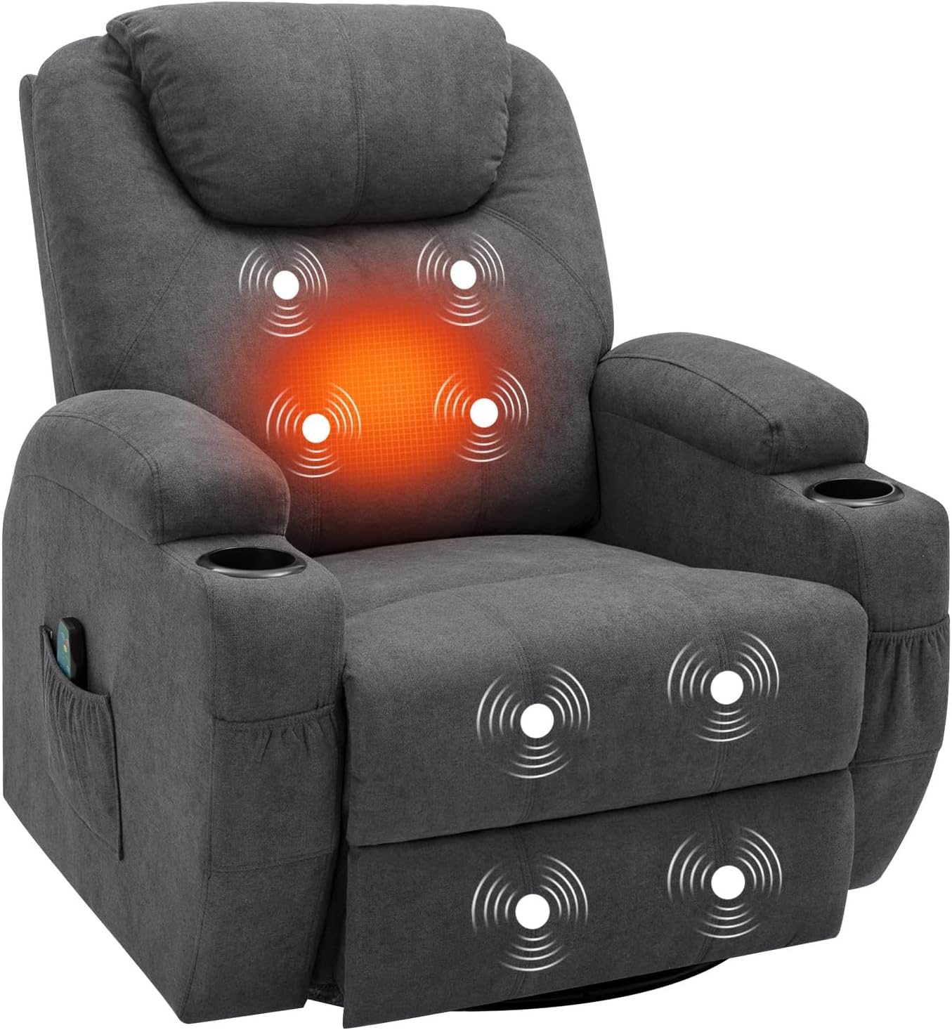 YESHOMY Swivel Rocker Recliner with Massage and Heating Functions, Sofa Chair with Remote Control and Two Cup Holders, Suitable for Living Room, Soft Cotton Fabric, Gray